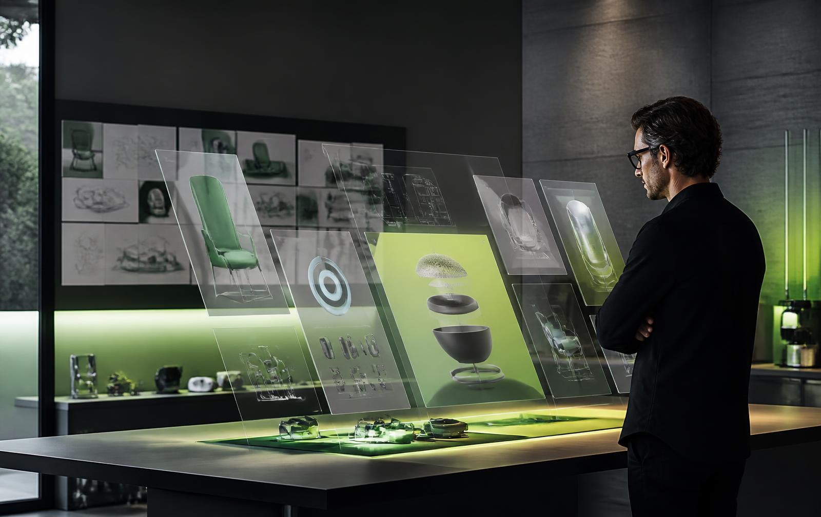 Profissional analisando camadas de interfaces digitais projetadas sobre uma mesa